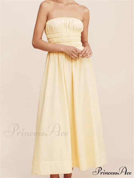 Women Ruched Strapless Tube Solid Summer Backless Party A-Line for Cocktail Streetwear Aesthetic Vestidos