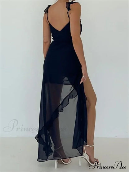 Women Sleeveless Ruffles Solid Color V Neck Casual High Split Party for Cocktail Summer Streetwear