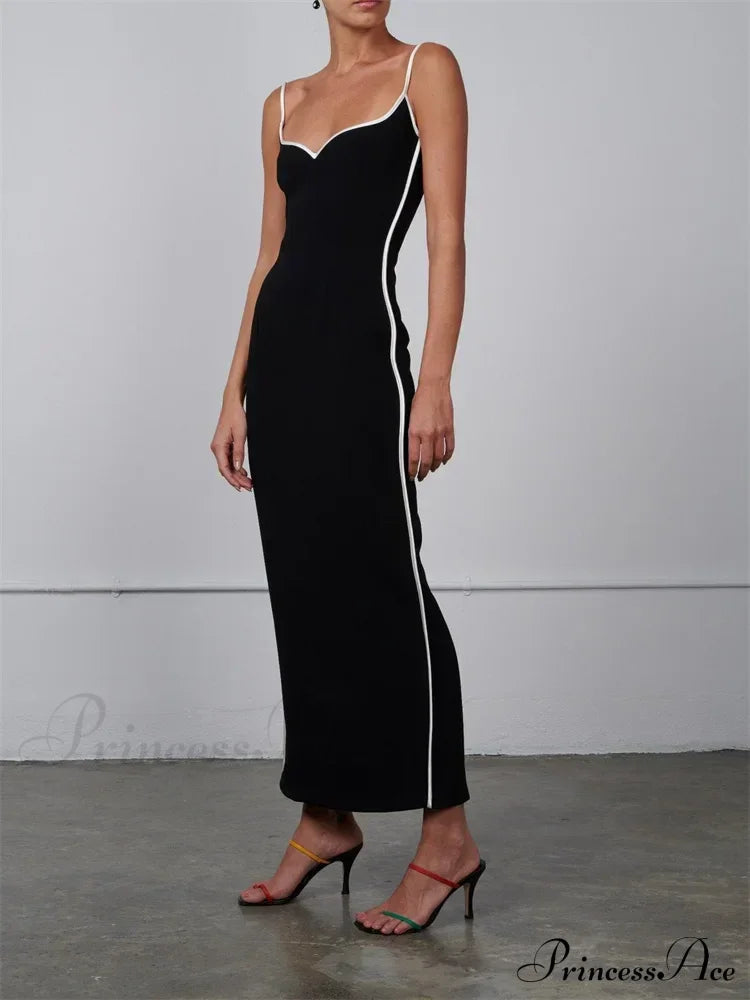 Women Sleeveless Strap Black Patchwork V-neck Low Cut Slim Summer Party Back Split Female Vestidos