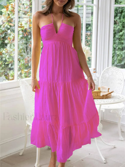 Women Solid Tie-Up Halter Neck Backless Casual Beach A-Line Dress