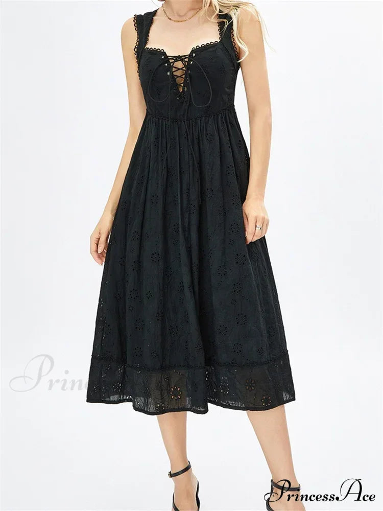 Women Summer Lace Floral Backless Tie-up Sleeveless Spaghetti Strap Hollow Out Party Female Vestidos