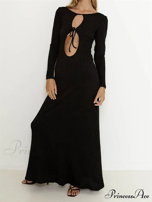 Women Vintage Elegant Sleeve Front Cutout Tie-up Solid Color Solid Color Party Autumn Vestidos