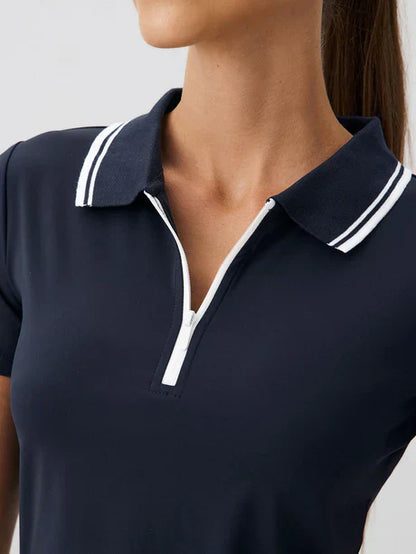 Contrast Collar Polo Top | Short Sleeve Zip Front