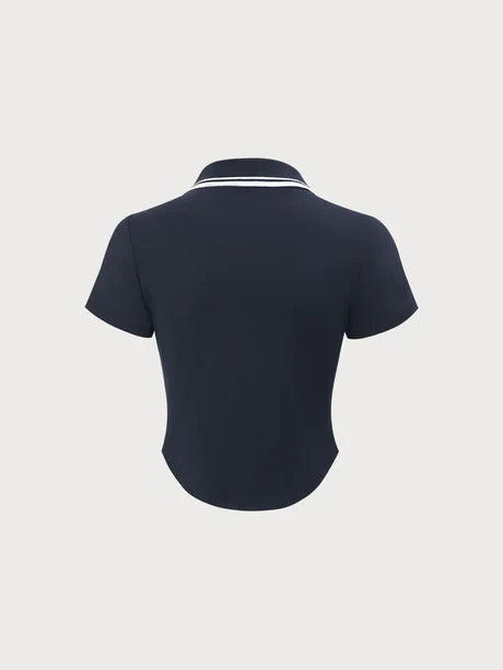 Contrast Collar Polo Top | Short Sleeve Zip Front