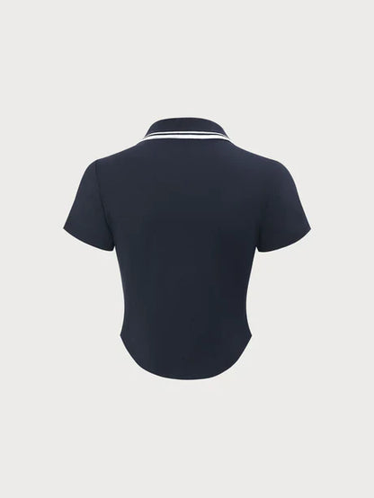 Contrast Collar Polo Top | Short Sleeve Zip Front