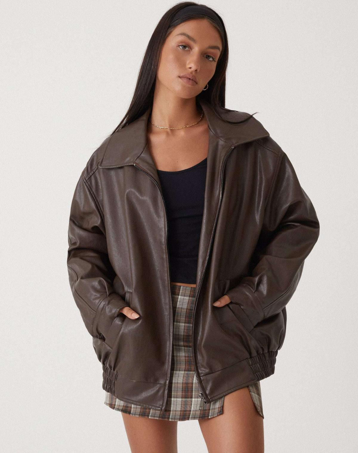 | Women’s Oversized Leather Bomber Jacket