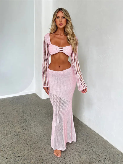 Women's Crochet Knit 2 Piece Skirt Set Hollow Out Crop Top Long Sleeve Backless Tie Up Club Bodycon Outfits Lace Dress