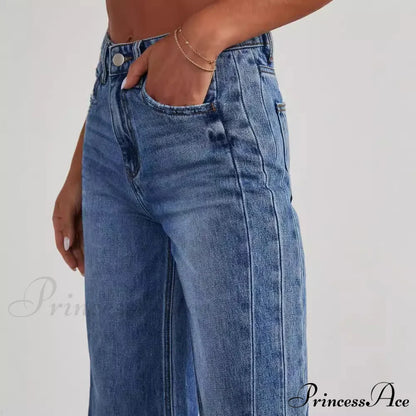 Women's Denim High Waist Fashion Wide Leg Pants Trousers Autumn Tide Straight Pants De Mujer Frayed Hem Jeans