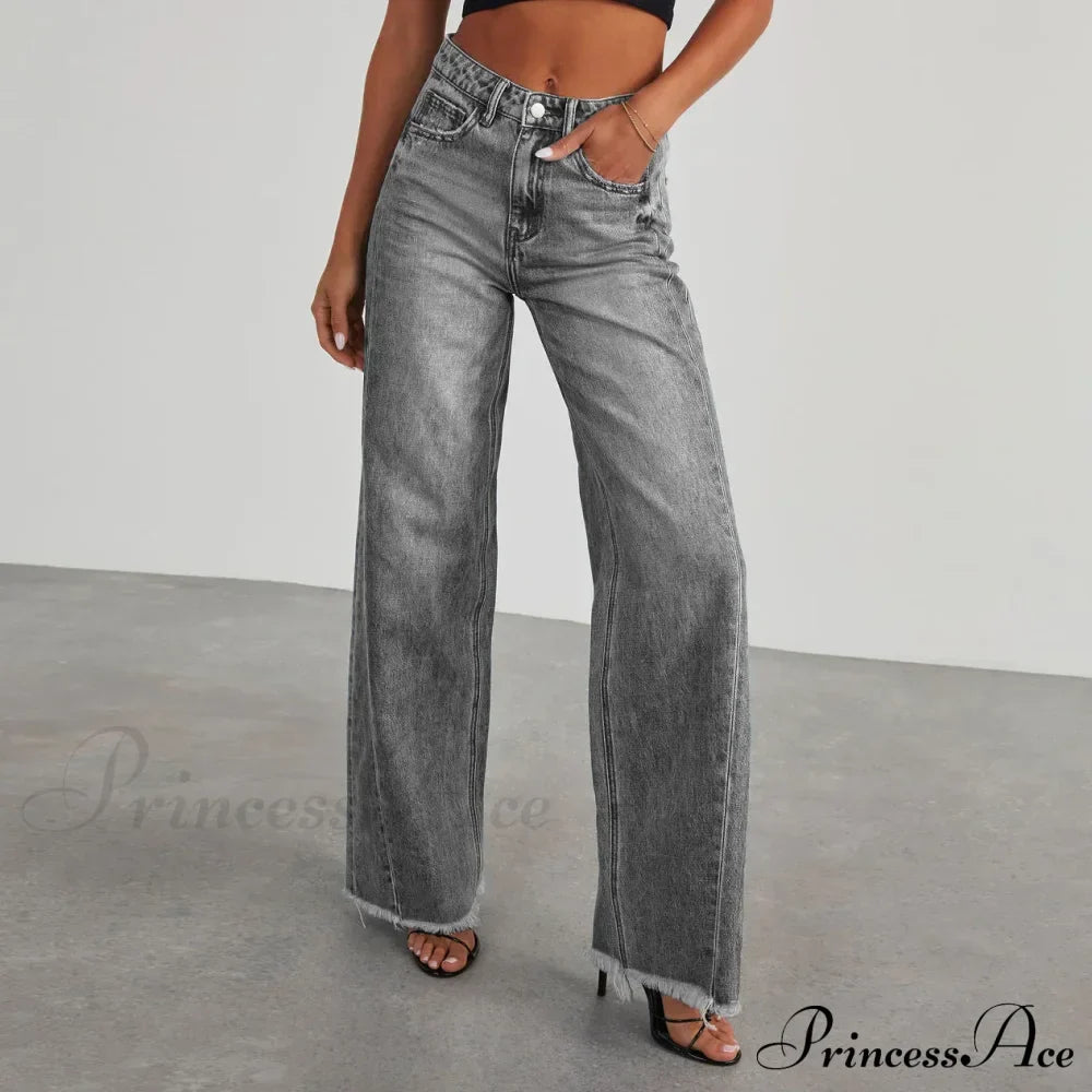 Women's Denim High Waist Fashion Wide Leg Pants Trousers Autumn Tide Straight Pants De Mujer Frayed Hem Jeans