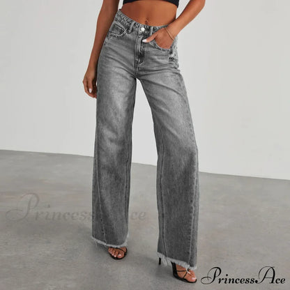 Women's Denim High Waist Fashion Wide Leg Pants Trousers Autumn Tide Straight Pants De Mujer Frayed Hem Jeans