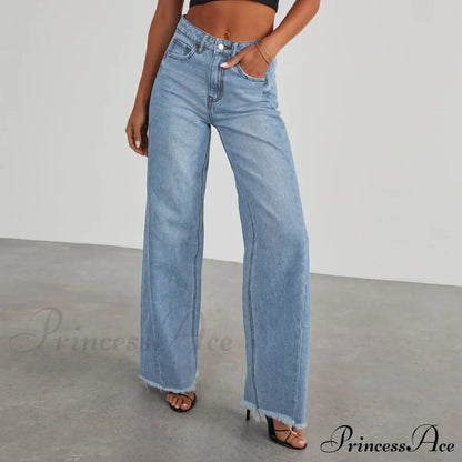 Women's Denim High Waist Fashion Wide Leg Pants Trousers Autumn Tide Straight Pants De Mujer Frayed Hem Jeans