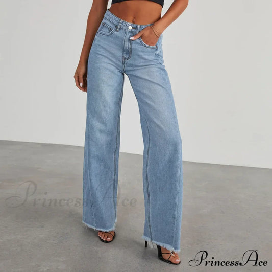 Women's Denim High Waist Fashion Wide Leg Pants Trousers Autumn Tide Straight Pants De Mujer Frayed Hem Jeans