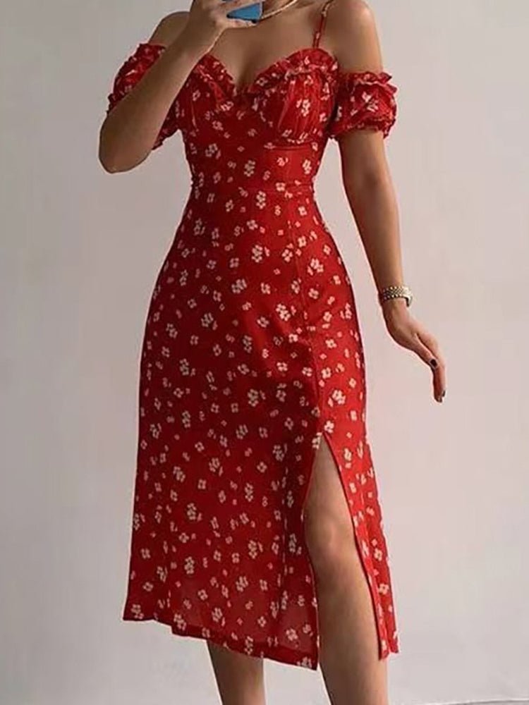 KittenAlarm - Floral Print Sling Off-The-Shoulder Slit Dress
