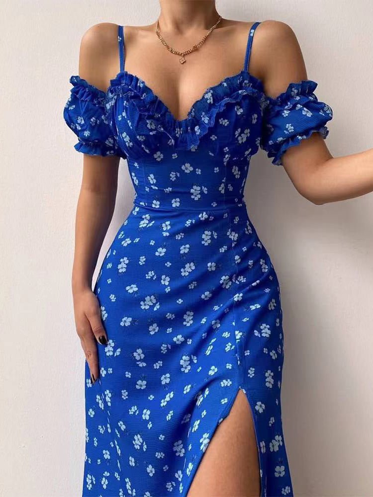 KittenAlarm - Floral Print Sling Off-The-Shoulder Slit Dress