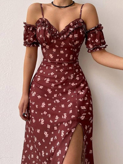 KittenAlarm - Floral Print Sling Off-The-Shoulder Slit Dress