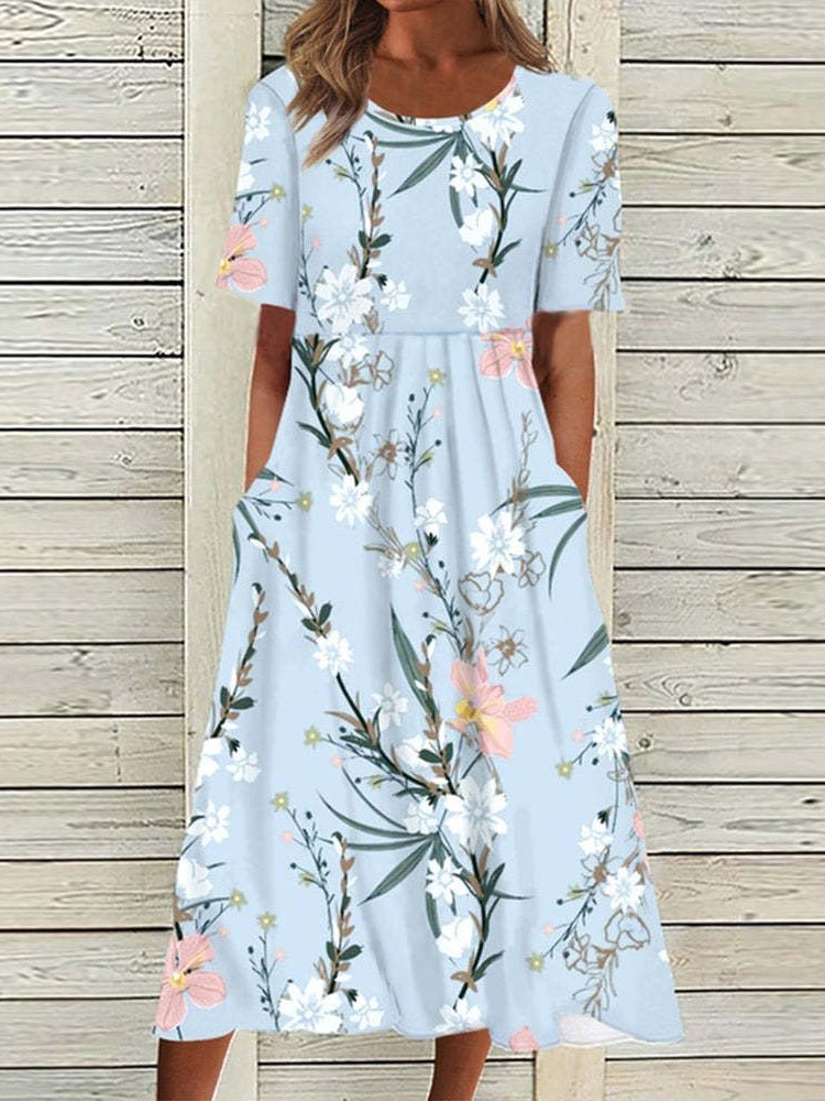 Floral Round Neck Short Sleeve Pocket Dress