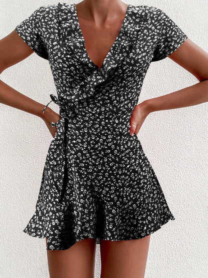 Floral V-Neck Ruffled Lace-Up Dress