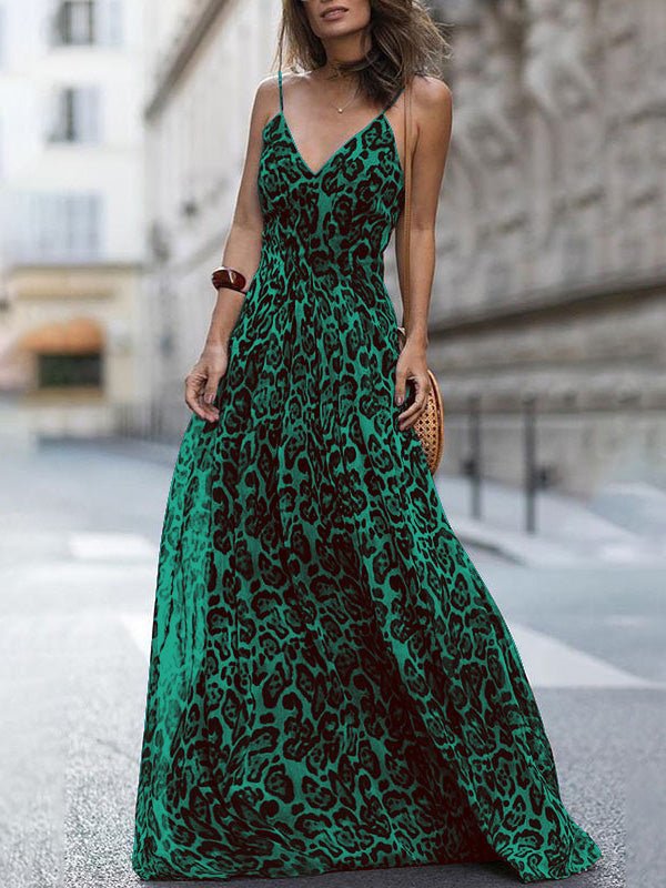 Leopard V-Neck Sling Bare Back Dress