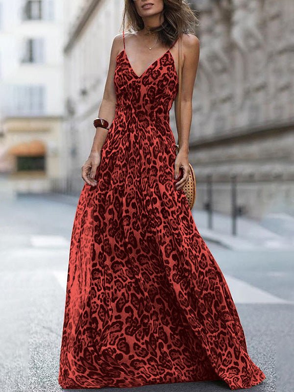 Leopard V-Neck Sling Bare Back Dress