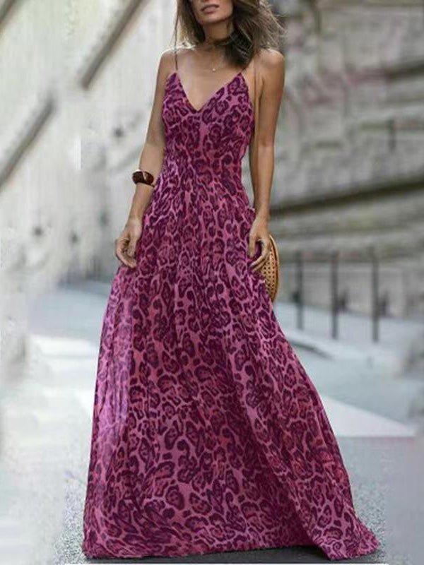 Leopard V-Neck Sling Bare Back Dress