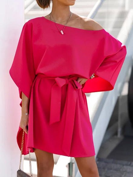 Loose Off-Shoulder Belted Doll Sleeve Dress