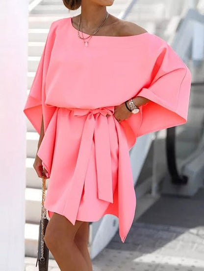 Loose Off-Shoulder Belted Doll Sleeve Dress