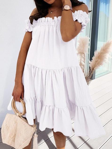 Loose One Word Collar Ruffle Dress