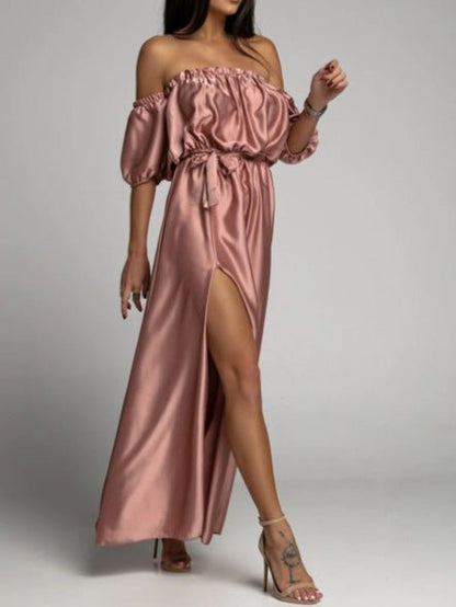 One-Shoulder Short Sleeve Slit Dress