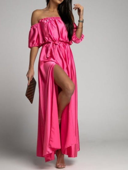 One-Shoulder Short Sleeve Slit Dress