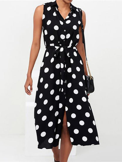 Polka Dot Print Lace-Up Sleeveless Shirt Dress