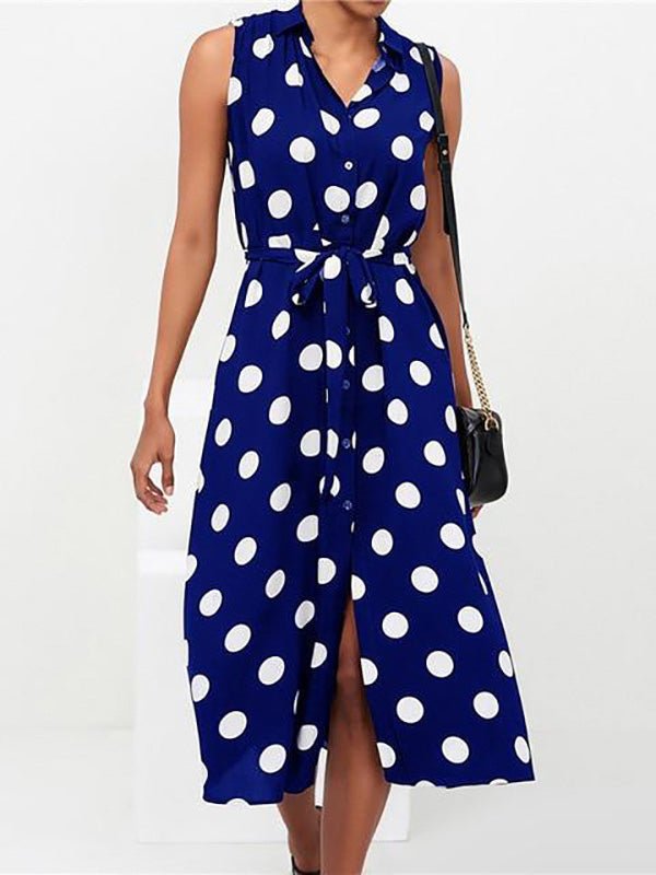 Polka Dot Print Lace-Up Sleeveless Shirt Dress