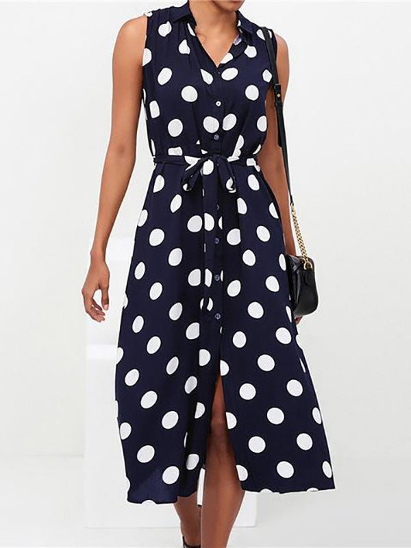 Polka Dot Print Lace-Up Sleeveless Shirt Dress