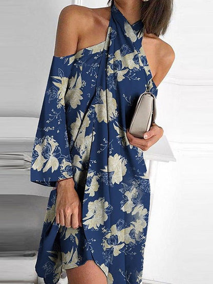 Printed Halter Off-Shoulder Irregular Dress