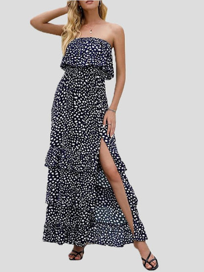 Printed Tube Top Ruffled Slit Dress