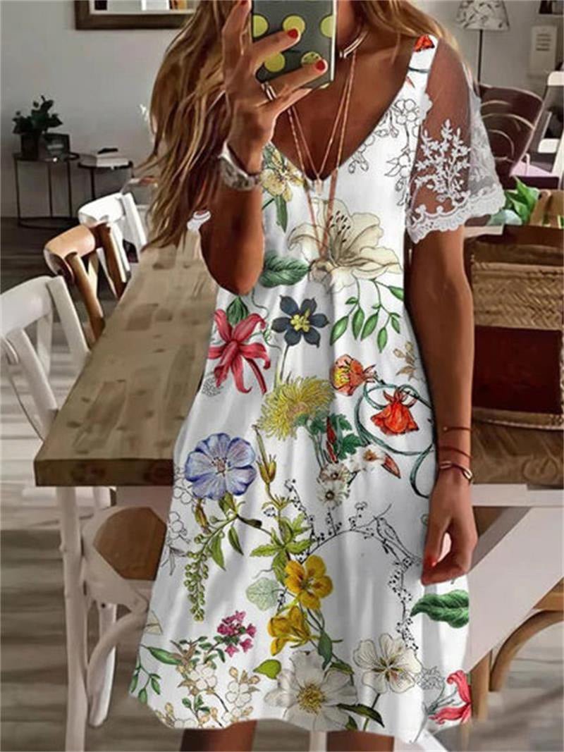 Printed V-Neck Lace Sleeve Dress
