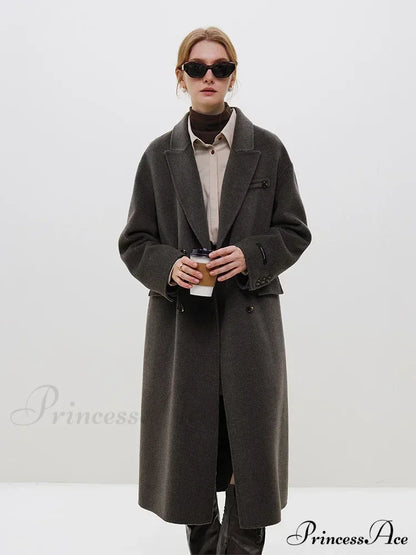 Wool Camel Hair Temperament Oatmeal Long Notched Collar Double Breasted Classic Chic Coat