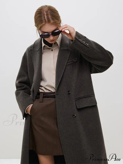 Wool Camel Hair Temperament Oatmeal Long Notched Collar Double Breasted Classic Chic Coat