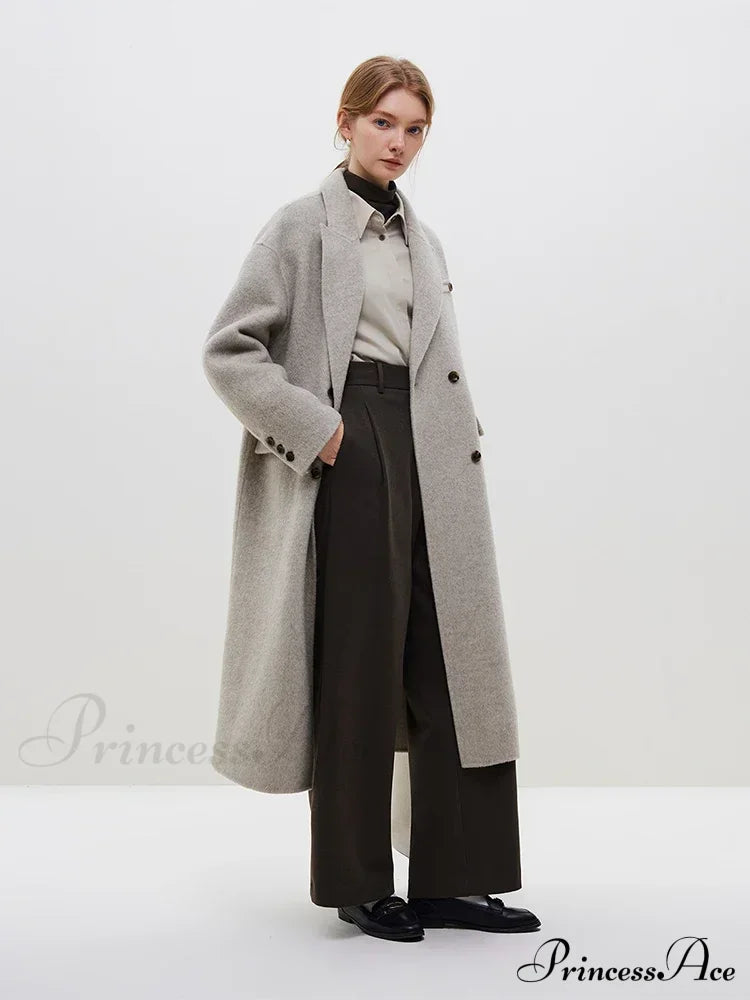 Wool Camel Hair Temperament Oatmeal Long Notched Collar Double Breasted Classic Chic Coat