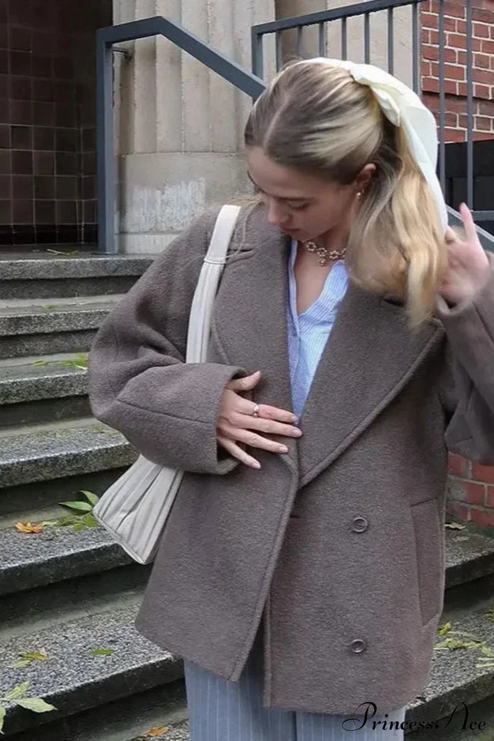 Wool Double Breasted Collared Short Sleeve Coat