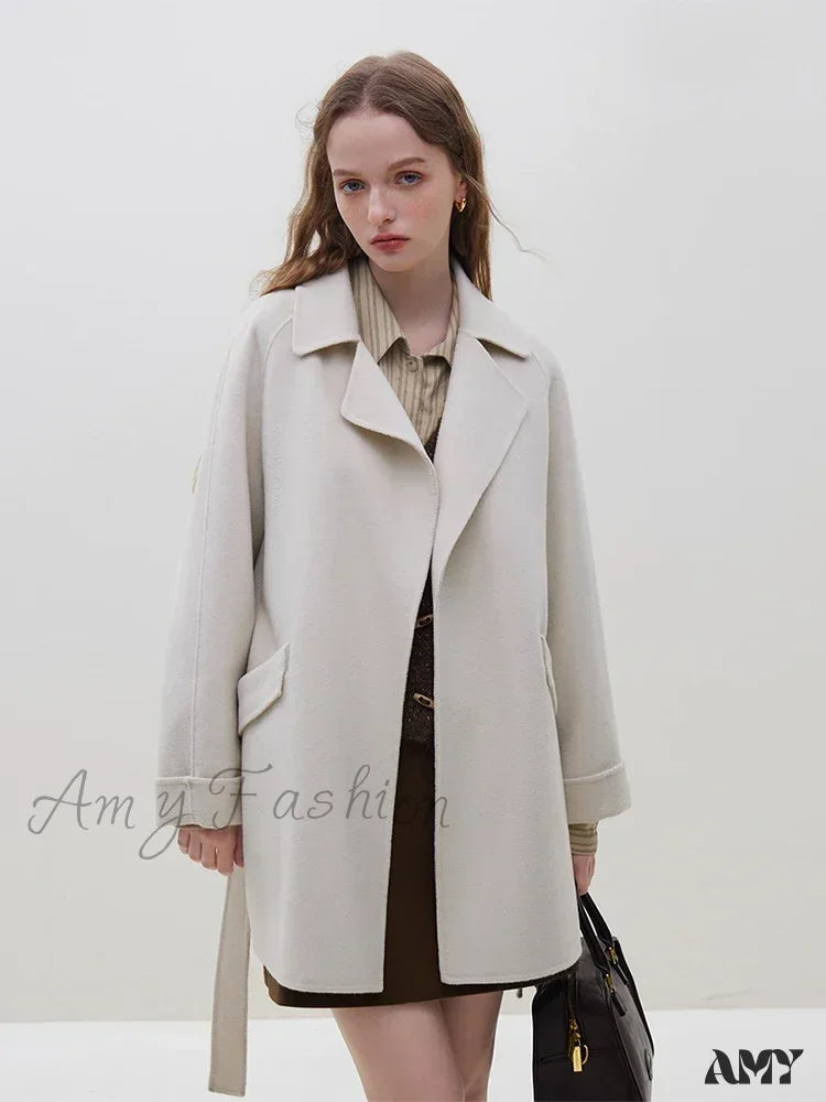Wool One Hand Length Retro Red Raglan Sleeve Belt Design Mid-Length Coat