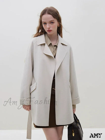 Wool One Hand Length Retro Red Raglan Sleeve Belt Design Mid-Length Coat