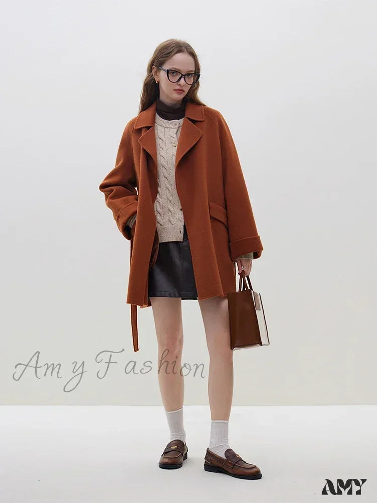 Wool One Hand Length Retro Red Raglan Sleeve Belt Design Mid-Length Coat