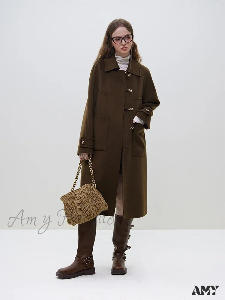 Wool Polo Neck Horn Button Raglan Sleeve Brown Long Office Lady Navy Blue Winter Coat