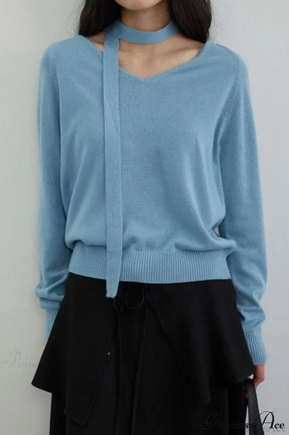 Wool V-Neck Oversized Long-Sleeve Knit Top