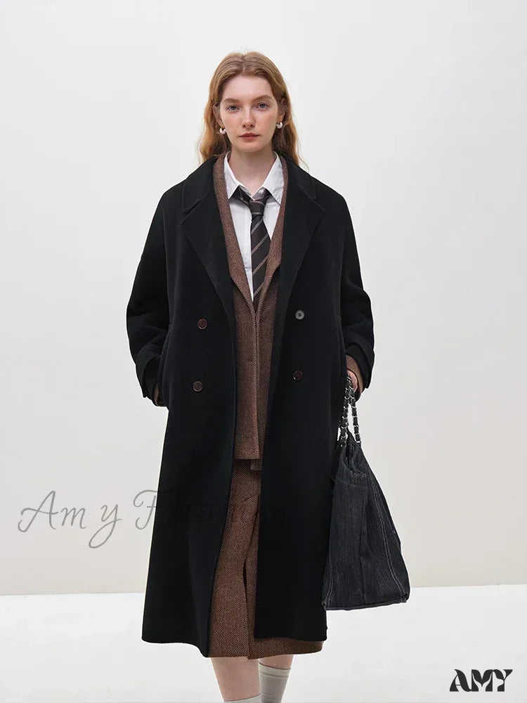 Wool Winter Notched Collar Belt Decoration Long Double Breasted Coat