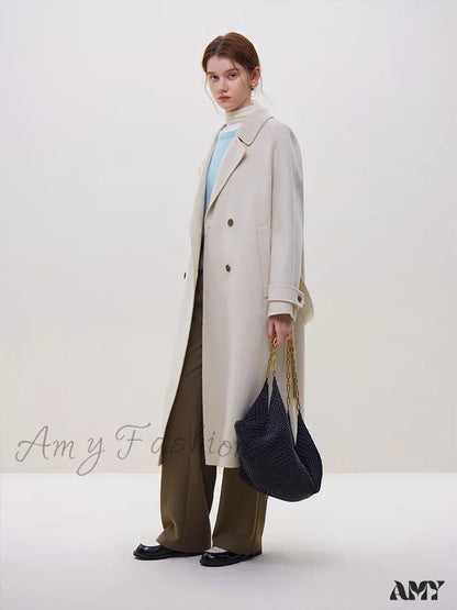 Wool Winter Notched Collar Belt Decoration Long Double Breasted Coat