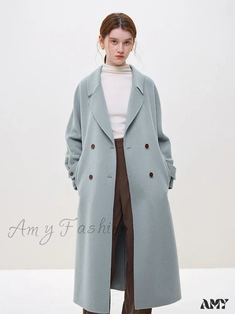 Wool Winter Notched Collar Belt Decoration Long Double Breasted Coat
