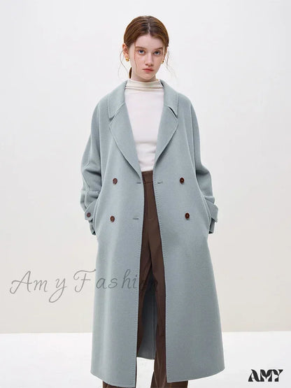 Wool Winter Notched Collar Belt Decoration Long Double Breasted Coat