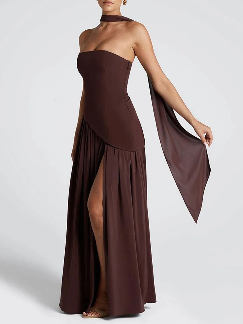 Strapless Neck Tie High Slit Maxi Dress