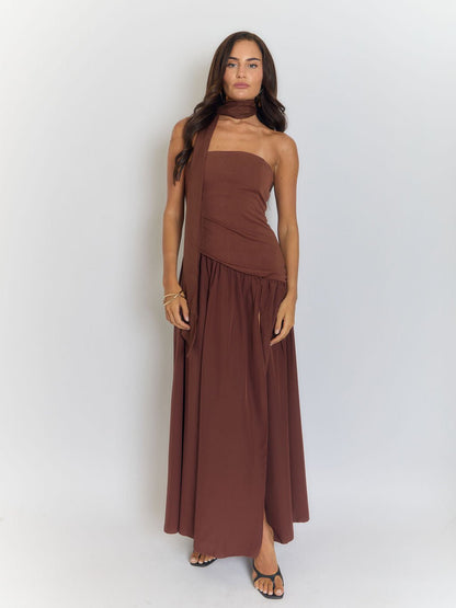 Strapless Neck Tie High Slit Maxi Dress